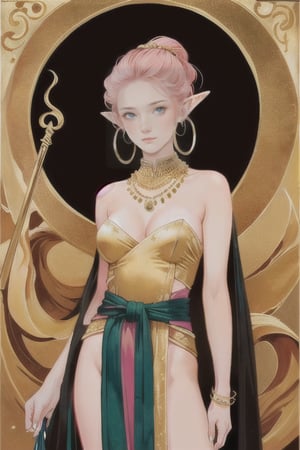  Detailed, vibrant, high contrast  semi-realistic 90s dark fantasy anime.  A dark elf soreceress with golden brown skin, glittering yellow eyes and long flowing light pink hair. Her expression is serious and determined  other holds her carved ebony magical staff in front of her. She is wearing a silk robe. The robe is sleeveless and is fixed by gold clasps on her shoulders and a gold chain around her waist. She has long elf ears pierced with large hoop earrings. Her hands and forearms are covered in white elbow-length gloves. Her body is adorned with jewelry bearing esotheric symbols and runes. The scene is set against a dark void lit by a shining green fire magical circle bearing mysterious glyphs.