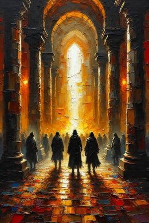 A chaotic medieval castle scene unfolds, bathed in dramatic artificial light that casts stark chiaroscuro contrasts across the intricate stonework and ornate decorations on the walls. Three ominous, shadowy figures dominate the foreground, their presence foreboding, as they stand still in tense, rigid postures. The impressionistic oil painting style uses warm, high-contrast tones with rust-white accents, creating a raw, unfiltered intensity, captured through rough, textured brushstrokes. Symmetry defines the composition, with an aisle between towering columns serving as the leading line that draws the eye toward the figures framed by grand arches. The scene is both grand and intimate, with a single-point perspective that pulls through columns in the foreground and arches in the background, blending abstract elements with a rich medieval environment. People are blurred into the background, adding to the tense atmosphere. Despite its static composition, the scene vibrates with quiet intensity, balancing stylized, decorative chaos with a deep, palpable tension frozen in time.