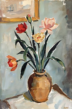 "A modernist-style still life painting in the spirit of Karl Isakson, featuring a vase of flowers. The flowers are rendered in soft, muted tones of red, orange, and pink, with deep greens for the leaves. The brushstrokes are thick and expressive, lending texture to the petals and leaves without focusing on fine details. The vase itself is painted with a rough, earthy texture in warm brown tones, sitting on a simplified surface. The background is composed of abstract, muted color blocks in beige, pale blue, and grey, with minimal shading or detail, emphasizing a sense of flatness. The overall composition conveys a raw, textured aesthetic, with a focus on the interplay of shapes and colors rather than realism, capturing the essence of Isakson's modernist approach."