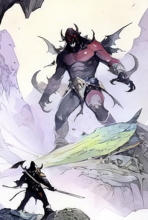 a man with a sword standing in a cave with a giant demon on his back and a giant demon on his shoulder, Alex Horley, fantasy art, epic fantasy character art, concept art,watercolor,fr4z3tt4 ,ink