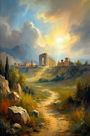 "Create a fine art oil painting in the style of Hubert Robert, depicting an expansive landscape with ancient ruins on a distant hill. The foreground features a winding path with scattered rocks, wildflowers, and lush greenery, leading the viewer’s eye towards the ruins. Enhance the lighting by adding beams of sunlight breaking through dramatic clouds, casting highlights on the landscape and illuminating the ruins. Make the ruins more prominent by increasing their size slightly and placing them on a raised hill, with a touch of light accentuating their structure. Use a more vibrant color palette with warm tones in the foreground and cooler hues in the distance to create visual interest. Add a light mist in the midground to enhance atmospheric depth, evoking a sense of timeless beauty and romanticized grandeur."