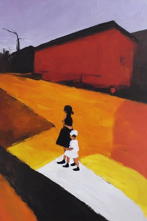 "Create a surreal abstract expressionist painting featuring a woman and her small child crossing a street. Ensure dynamic composition, a clear subject, and contextual clues that work together to tell the story. The overall composition should evoke a sense of worry and fear, with bold, dynamic brush strokes, fully saturated colors, and a focus on emotional intensity and subjective interpretation.", sks style