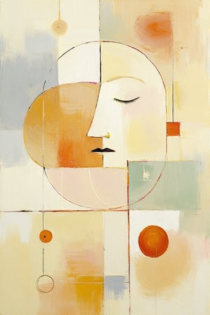 "((masterpiece, best quality, highest quality)), (intricate abstract shapes:1.4), a surreal and dreamlike composition with delicate, graceful lines, depicting an abstract figure with closed eyes in a peaceful and harmonious state. ((Soft pastel hues and warm golden tones)), emphasizing a sense of ethereal beauty. The composition includes ((volumetric light and natural luminosity)), with smooth gradients creating a sense of depth. The figure is stylized, with simplified, proportional features suggesting balance and harmony, reminiscent of Klee’s golden-ratio forms. ((Fine, glossy textures on abstract shapes)), blending seamlessly with a pale, luminous background. The overall atmosphere feels tranquil and elegant, with a balanced mix of organic and geometric forms, exuding a quiet, surreal beauty. Hints of abstract anatomy flow organically, with closed eyes and parted shapes symbolizing peaceful introspection."