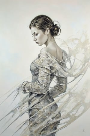 "Create a highly detailed fine art oil painting of a serene, ethereal scene with a portrait of an elegant woman facing foward, soft gaze, looking down, in flowing fabric. The drawing should feature fine, linear, and flowing strokes with crosshatching to follow the contours of the subject, emphasizing the fluidity and movement of the fabric and hair. Use dramatic chiaroscuro shading with crosshatching to highlight the textures and depth of the drawing. The scene should convey a sense of elegant grace, with the fabric and hair appearing to flow naturally in the wind."