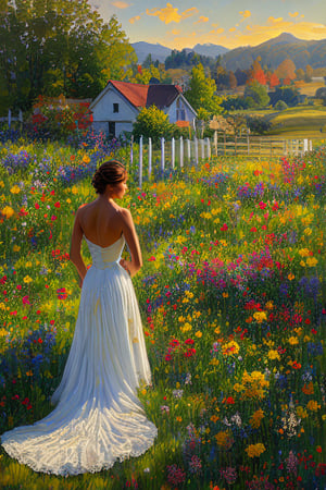 Create a fine art oil painting of a field of wildflowers, house, sunset, white dress, facing away, fence, high level of sharpness, making facial features clear and distinct, clean, defined edges, civetartstyle