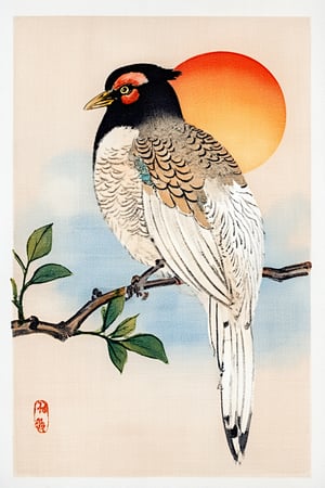 "a fine art oil painting in an abstract style", Kono Bairei,  Nihonga style, Kacho-ga style, Shijo School style, Meiji period art. "A traditional Japanese-style painting of a bird, with a delicate soft background that includes faint hints of distant trees or clouds for depth. The bird's feathers are gently textured with intricate details, while the sun's glow behind the bird transitions smoothly with subtle halos of light. The branch is given more texture, contrasting the bird's soft feathers. Incorporate classic Japanese patterns or seals for added authenticity and refinement."

