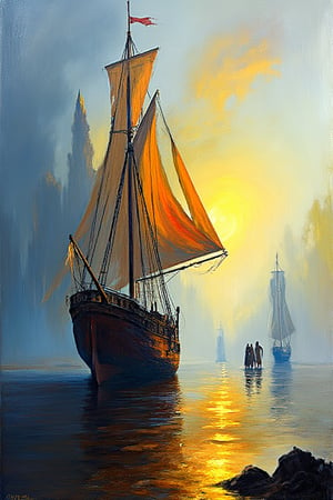 "The overall effect is a blend of impressionism and abstraction, creating a rich, immersive setting that complements the sharp focus on the massive sailboat in the foreground. This sailboat, weathered by time and the elements, stands as a testament to endurance and exploration. The scene should feature an impressionist sharp focus on the sailboat, highlighting its tattered sails and worn hull. In contrast, the background should transition into an abstract, painterly environment. The atmosphere should be hazy and diffuse, contributing to an ethereal and somewhat dystopian feel. Indistinct forms and shapes in the background should suggest several other ships and a few shadowy figures, rendered in a loose, impressionistic style to emphasize mood and atmosphere over detailed realism. The colors in the background should include shades of rich, vibrant hues with dramatic contrasts, featuring deep, earthy tones and vivid highlights, blending seamlessly with cooler hues like blues and greys. Use this blend of subdued and bold colors to emphasize the gritty nature of the scene. The overall scene should evoke a sense of quiet solitude and mystery, capturing the ethereal beauty and timeless quality of the weathered sailboat amidst an abstract, impressionistic landscape."