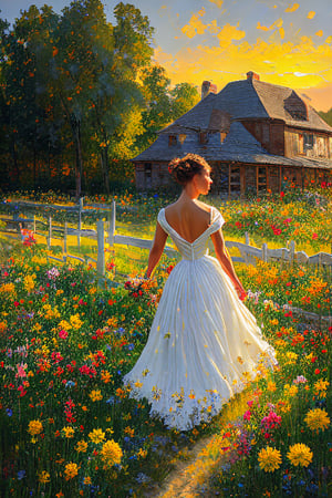 Create a fine art oil painting of a field of wildflowers, house, sunset, white dress, facing away, fence, high level of sharpness, making facial features clear and distinct, clean, defined edges, civetartstyle