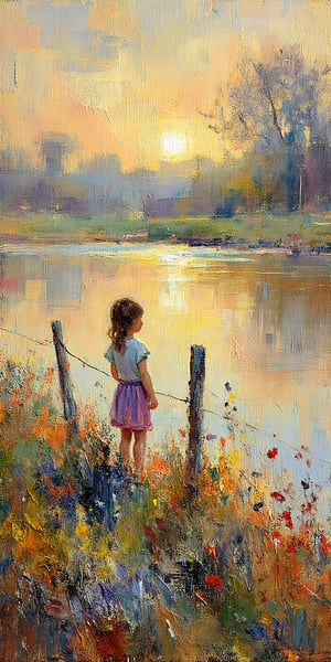 "A tranquil riverside scene at sunset in the style of Claude Monet, with soft, impressionist brushstrokes capturing a young girl standing near a rustic fence by the water's edge. The foreground features lush, textured grass and wildflowers in vibrant shades, adding gentle energy to the scene. The river reflects the warm sunset light, with soft, broken reflections of the sky and sun shimmering across its surface. Just above the horizon, a warm, diffused glow enhances the atmospheric light. In the background, faint details of trees with soft branches and leaves emerge, adding depth to the landscape. The overall composition is bathed in a serene, dreamlike glow, with harmonious colors and blurred edges, evoking a peaceful rural atmosphere."