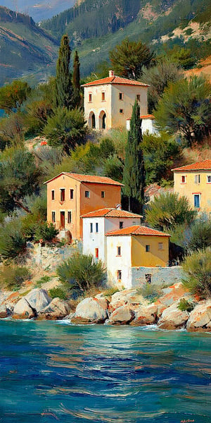 "Cluster of rustic Mediterranean hillside villas with warm orange and white stucco walls, red-tiled roofs, nestled among lush green trees and rocky terrain, overlooking calm blue waters. Sunlit, natural shadows, mountainous background."