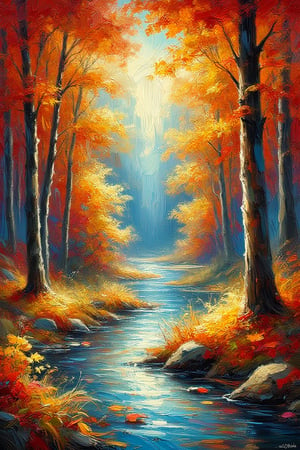 A vibrant landscape painting in an expressive style, depicting a peaceful autumn forest. The scene features tall trees with leaves in autumn colors. A calm river runs through the forest, reflecting the colors of the trees. The visual trait is tranquility, with soft brushstrokes creating a peaceful and serene atmosphere. The colors of the leaves and the gentle flow of the water give a sense of calm and natural beauty, emphasizing the peacefulness of the forest in autumn.