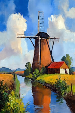 "A detailed painting of a large traditional Dutch windmill in the countryside, standing next to a canal with a clear reflection in the water. The scene features rustic farmhouses with red-tiled roofs, surrounded by green grass fields and farmland. A wooden fence lines the sides of the canal, and the landscape stretches out with rolling fields under a blue sky filled with scattered clouds. The setting captures the calm, rural life in the Dutch countryside with a focus on the windmill, its blades, and the peaceful atmosphere of nature."
