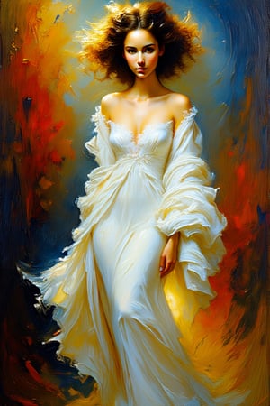 "An abstract, impressionist oil painting of a stunningly beautiful woman wearing a flowing white dress, with vibrant, rich oil paint colors, visible brush strokes, and a dramatic, expressive background. The woman is standing confidently, her dress flowing and textured, with a dynamic and graceful pose. She has striking features, with a serene and captivating expression, looking directly at the viewer with soft, open eyes. The background features bold, contrasting colors, creating a sense of movement and intensity."