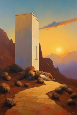 "A fine art oil painting.", "A modern architectural structure in a desert landscape. The scene features the structure prominently, with the sun setting in the background, casting a golden hue across the landscape."