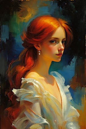 "Create a dramatic, richly detailed painting in the style of Karol Bak, blending elements of fantasy, mythology, and surrealism. The central figure is a young woman with long, flowing red hair that seems to move like flames, softly illuminated by a mystical, otherworldly light. She is dressed in an opulent white gown made of ethereal, shimmering fabric that drapes in luxurious, voluminous folds, reflecting a subtle, magical glow. Her jewelry is simple yet elegant, with delicate earrings and a necklace that sparkle faintly in the soft light. Her facial expression is poised, yet her eyes convey a sense of mystery and depth, hinting at untold stories and hidden powers. The lighting is bold and surreal, casting deep, dreamlike shadows and radiant highlights that sculpt her features with graceful intensity, creating an otherworldly chiaroscuro effect. The background is an abstract, surreal landscape, filled with faint celestial elements—perhaps the suggestion of stars, swirling cosmic clouds, or the faint outline of mythological symbols—blurring into shadows and soft textures that remain less defined, drawing the eye to the luminous figure. The overall composition evokes timeless elegance and surreal beauty, blending fantastical textures, rich contrasts, and soft glowing light to create a sense of ethereal mystery. The painting captures Karol Bak’s fascination with mythological themes, powerful feminine figures, and the interplay of light and shadow, resulting in a visually striking, mystical work of art. (masterpiece, ultra-high resolution, sharp focus on the face, crystal clear facial details, vivid facial textures, high clarity around facial features, defined edges on the face, ultra-sharp textures on the skin, subsurface scattering on the face, while the background and other elements remain softly blurred and less defined)."