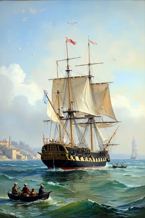 "An 18th-century maritime scene depicting a large wooden sailing ship with tall masts and full white sails in calm waters. The ship is detailed with ornate carvings and flags, reflecting the design of a historical warship or merchant vessel. Smaller boats with sailors rowing are visible nearby, and other ships can be seen in the background. The sky is partly cloudy, casting soft reflections on the water's surface. The setting includes distant coastal architecture and a tranquil atmosphere, with gentle waves and seagulls flying around."