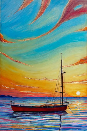 "An Art Nouveau style oil painting featuring a peaceful harbor scene. The artwork includes fine ink lines, liquid ink effects, paint splashes, and dynamic painting techniques with transparency. The scene focuses on a detailed close-up of a graceful small sailboat anchored in a calm harbor at sunset. The boat is shown with intricate details and sharp, realistic lines against a backdrop of tranquil waters and a setting sun. The art is depicted on vintage, cracked paper with tiny, beautiful, and magical details, evoking a sense of peace and nostalgia. The composition showcases detailed textures, high quality, high resolution, and high accuracy, with realistic color correction and proper lighting settings for a harmonious composition."