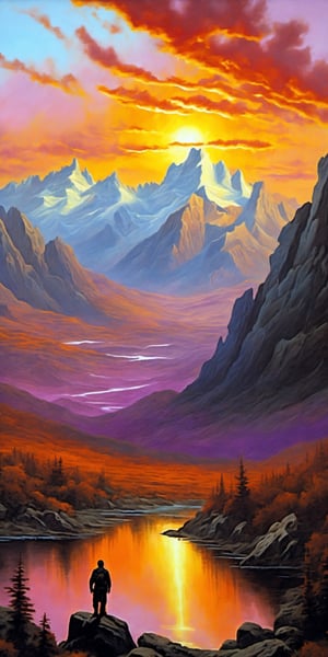 "Create a hyper-realistic oil painting of an imaginative landscape. The scene features breathtaking, extremely rugged mountains with sharp, jagged, and craggy textures under a stunning sunset sky. Illuminate the mountains with vibrant colors, enhanced by the warm, golden hues of the setting sun. The sky should exhibit a dramatic gradient of vivid oranges, pinks, and purples, with a few fluffy clouds reflecting the sunset's glow, adding to the sense of grandeur. In the foreground, include a tiny, silhouetted human standing on a ridge, taking up the minimum space in the image to emphasize the vastness and ruggedness of the wilderness. Ensure the silhouette is clearly visible. Between the foreground and the mountains, depict wide and deep valleys with dense, untouched forests and rocky terrain, adding depth and scale to the scene. Make the valleys expansive and prominent. The painting should convey a profound sense of awe and wonder, with every detail of the mountains, valleys, sky, and silhouette rendered in crystal-clear clarity, emphasizing the rugged, natural wilderness."