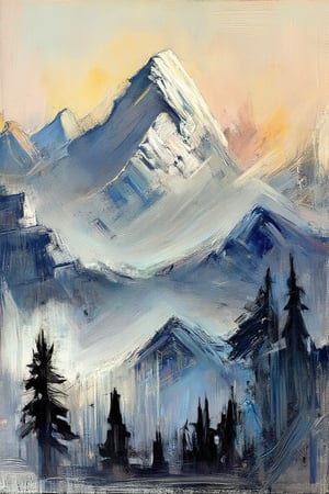 "In the style of Landscape Art, and Conceptual Art.", "Using a dry brush technique, create a mountain landscape."