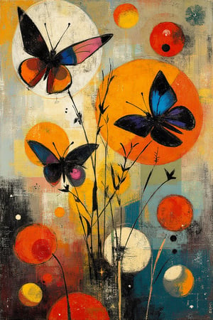 "A dreamlike, abstract depiction of fluttering butterflies rendered in a hybrid of Odilon Redon’s ethereal, fantasy style and Paul Klee’s abstract, surreal approach. The composition should feature layers of overlapping, geometric and organic shapes that create depth and separation between the foreground and background. Use darker, more defined lines and vibrant, warm hues for the foreground butterflies, while applying softer, muted tones for the background elements to establish value contrast and implied perspective. Integrate playful, flowing patterns and subtle, textured brushstrokes to evoke a sense of movement and fantasy. Balance the composition with harmonious placement of each butterfly and abstract forms, blending vibrant colors and moody shading to create an enchanting, layered scene that embodies the unique qualities of both artists’ styles."