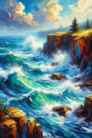 A vibrant landscape painting in an expressive style, featuring a coastal scene with crashing waves and cliffs. The visual trait is intensity, with the brushstrokes capturing the dramatic movement of the waves and the energy of the coastal wind. The composition is dynamic, conveying a sense of power and nature's force.