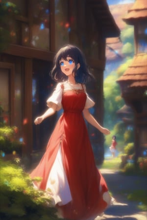 generates a girl with black hair, blue eyes, a red dress, light skin, an expression of joy,Eyes,scenery