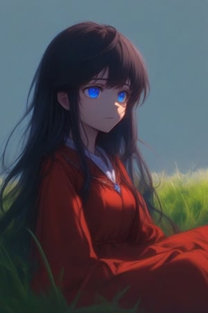 generates a girl, black hair, red dress, blue eyes, she is sitting in the grass of a field