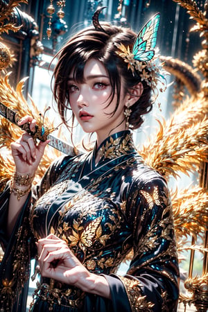 1girl, solo, looking at viewer, short hair, bangs, black hair, hair ornament, holding, purple eyes, weapon, japanese clothes, sword, holding weapon, lips, parted bangs, eyelashes, holding sword, katana, bug, butterfly, portrait, butterfly hair ornament, haori, demon slayer uniform, butterfly on hand, kochou shinobu