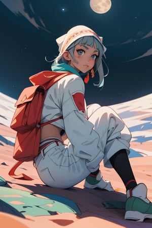 Taino indian on the moon looking at earth, sitting on the ground with his back to the viewer and earth in front of him, anime the ground is moon grey, no headdress,8k, high quality,