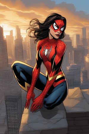 Prompt for a detailed Spider-Woman image:
Scenario:

Above a busy city at dusk, with illuminated skyscrapers in the background.
Spider-Woman is standing on a rooftop, with the wind blowing through her hair.
She is wearing her classic red and blue costume, with the mask covering her face.
Her muscles are defined under the costume, and she strikes a powerful, confident pose.
Details:

The image is highly detailed, with realistic texture on Spider-Woman's costume, city buildings and clouds.
The lighting is dramatic, focusing on Spider-Woman and creating a striking contrast with the dark city in the background.
Spider-Woman's expression is confident and determined, with a hint of ferocity in her eyes.
Spider-Woman's pose is dynamic, with one leg bent and the other foot on the ground, ready to spring into action.
Emotion:

The image conveys a sense of power, heroism and justice.
Spider-Woman is a symbol of hope for the city's citizens, and her presence inspires safety and protection.
The image is also exciting, with Spider-Woman's dynamic pose and dramatic lighting creating a sense of urgency and action.