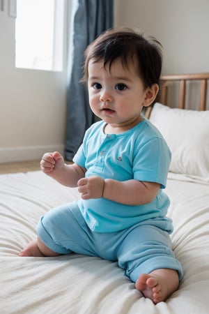 a baby boy age 8 months, seating on a bed with white bedsheet, baby wear a pant & baby blue shirt, , warm diffused light . doing a perfect photoshoot. cinematic colour tone.