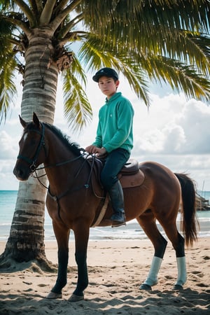 a boy 17years age, riding a pony horse on a beach side inside coconut trees, wearing a sea green colour bottom ware, boots on his leg, warm diffused light . doing a perfect photoshoot. cinematic colour tone.