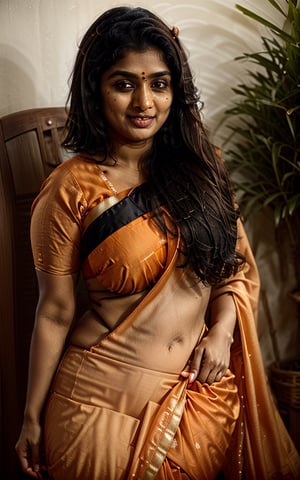 Tamilnadu girl, curly black long hair, orange cloth, dress like party girl,, thin oval face, filled lips, big breast, round ass, curvy body sturcture ,Indian,anamr, beautiful cute young attractive indian teenage girl, village girl, 18 years old, cute,  Instagram model, long black_hair,  warm, dacing, in home sit at  sofa, indian