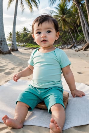 a baby boy age 6 months, seating on a beach side with coconut trees, baby wear a pant & sea green shirt, , warm diffused light . doing a perfect photoshoot. cinematic colour tone.