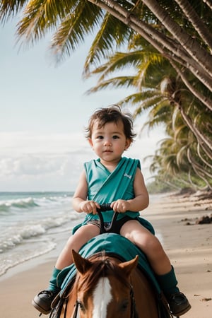 a baby boy age 12 months, riding a pony horse on a beach side inside coconut trees, baby wearing a sea green colour bottom ware, , warm diffused light . doing a perfect photoshoot. cinematic colour tone.