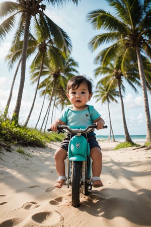 a baby boy age 6 months, riding a pony horse on a beach side with coconut trees, baby wearing a sea green colour bottom ware, , warm diffused light . doing a perfect photoshoot. cinematic colour tone.