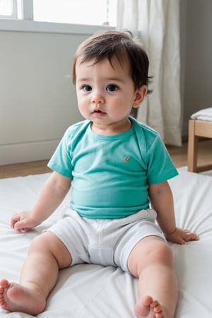 a baby boy age 6 months, seating on a bed with white bedsheet, baby wear a pant & sea green shirt, , warm diffused light . doing a perfect photoshoot. cinematic colour tone.