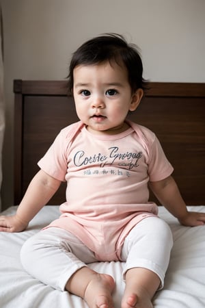 a baby boy age 8 months, seating on a bed with white bedsheet, baby wear a pant & red shirt, , warm diffused light . doing a perfect photoshoot. cinematic colour tone.