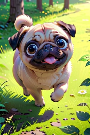 little pug, cute, adorable, fluffy fur, flying, forest. big head and eyes, small body, realistic, ultra detail, natural, detailed face, real light and shadow, 3D cartoon, Disney Pixar style. 