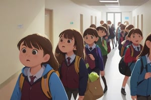 A bustling school hallway, where students walk carrying their bags with the potatoes. Some students are visibly uncomfortable, stooped under the weight of the bags, while others seem distracted, looking down with sorrowful expressions.