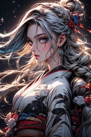 epic realistic, (close up), 1girl, floating blue_hair, long hair, (water:0.7), waterdrop, wet, holding_katana, blue_kimono with pattern, ultra detailed, (textured_clothing), black_background