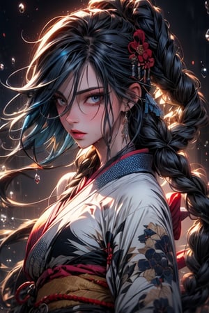 epic realistic, (close up), 1girl, floating blue_hair, long hair, (water:0.7), waterdrop, wet, holding_katana, blue_kimono with pattern, ultra detailed, (textured_clothing), black_background