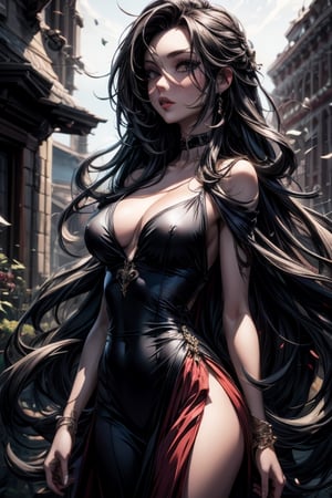 , choker, silk dress, black dress, cowboy shot,  Kairi, long hair,, absurdres, ultra detailed, masterpiece, best quality, aesthetic, detailed,dark skin