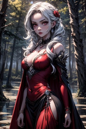 ,red eyes,white hair,twin drills, cape,rose,detached sleeves,dress,jewelry,necklace,frills, standing,looking at viewer,expressionless, forest,night,lake,stars, (insanely detailed, beautiful detailed face, masterpiece, best quality),solo,,