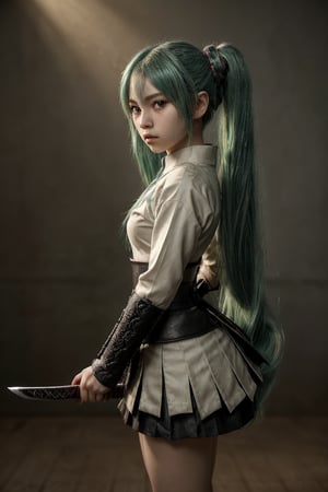 ((1 female)), Hatsune Miku, petite girl, full body, chibi, 3D figure little girl, green hair, twintails, beautiful girl with attention to detail, beautiful delicate eyes, detailed face, beautiful eyes, Japanese Warring States Period Samurai, Wearing Traditional Samurai Armor, Holding a Sword Poised, detail, dynamic beautiful pose, dynamic pose, gothic architecture, natural light, ((real)) Quality: 1.2 )), Dynamic Distance Shot, Cinematic Lighting, Perfect Composition, Super Detail, Official Art, Masterpiece, (Best) Quality: 1.3), Reflections, High Resolution CG Unity 8K Wallpaper , Detailed Background, Masterpiece, ( Photorealistic): 1.2), random angle, side angle, chibi, whole body, mikdef,