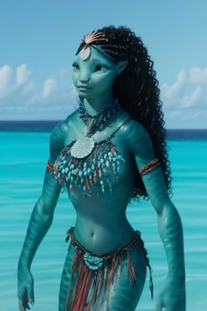 Beautiful na’vi, ((Ronal)), ((Halle Bailey)), female, aqua skin, black curly hair, jewelry, coral headpiece, angry, fangs, ((beach:background)), ((closeup)), ((bust)), movie scene, freckles, detailed, hdr, high quality, movie still, visible tail, skin detail, ADD MORE DETAIL