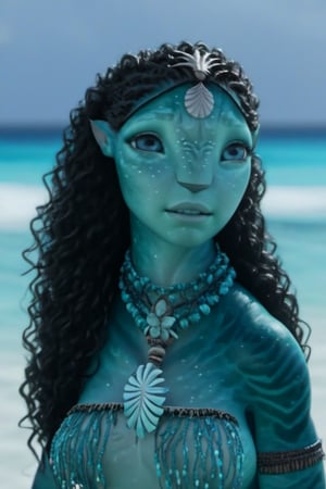 Beautiful na’vi, female, young, aqua skin, black curly hair, jewelry, ((beach:background)), ((closeup)), ((bust)), movie scene, freckles, detailed, hdr, high quality, movie still, visible tail, skin detail, ADD MORE DETAIL