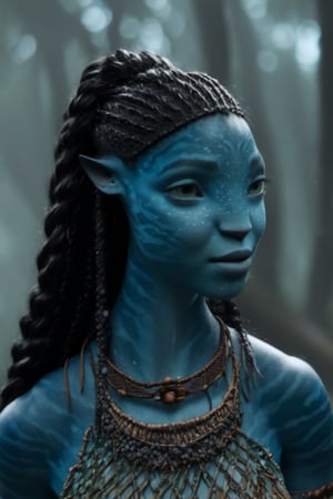 Beautiful na’vi, ((Laura Harrier)), female, grey blue skin, wooden jewelry, black braids, ((forest:background)), ((closeup)), movie scene, freckles, detailed, hdr, high quality, movie still, visible tail, skin detail,ADD MORE DETAIL 