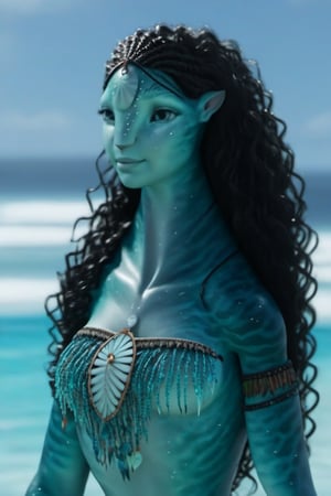 Beautiful na’vi, female, young, aqua skin, long black curly hair, jewelry, ((beach:background)), ((closeup)), ((bust)), movie scene, freckles, detailed, hdr, high quality, movie still, visible tail, skin detail, ADD MORE DETAIL