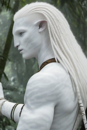 Hansome na’vi, white, albino, male, white skin, young, leather tribal jewelry, long wavy white hair, ((jungle:background)), ((closeup)), movie scene, freckles, detailed, hdr, high quality, movie still, visible tail, skin detail, albino, ADD MORE DETAIL, Read description